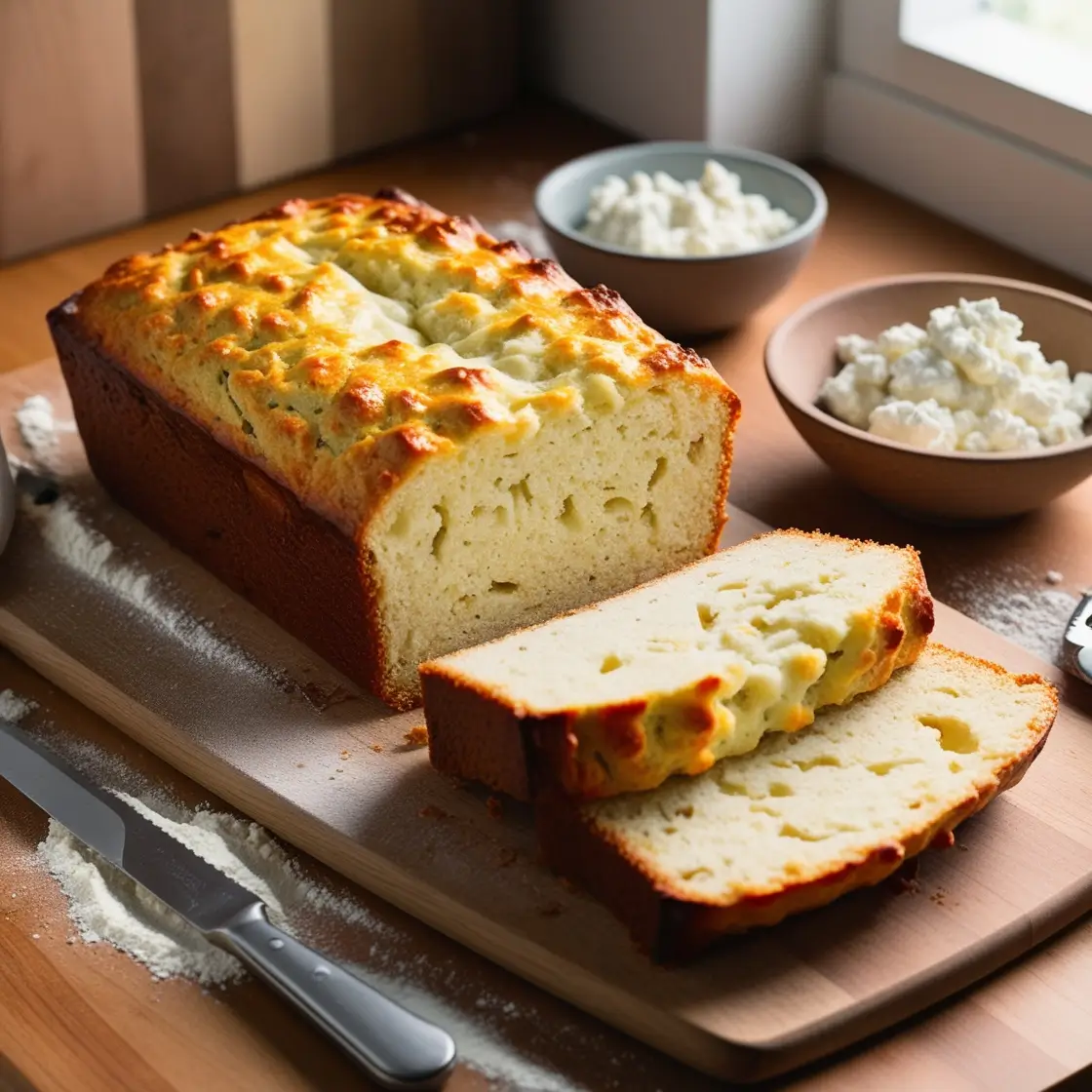 A freshly baked loaf of cottage cheese bread with a golden-brown crust, sitting on a rustic wooden cutting board, surrounded by baking elements like flour, a knife, and a small bowl of cottage cheese.