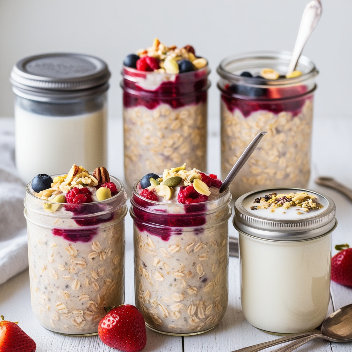 A jar of overnight oats topped with fresh berries, nuts, and a drizzle of honey, sitting on a wooden table alongside a spoon and a glass of orange juice.