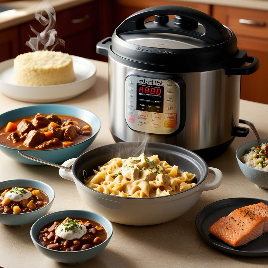 An Instant Pot with five different dishes including soups, stews, rice, and pasta, arranged on a kitchen counter with fresh ingredients, ready for a quick and easy weeknight meal.