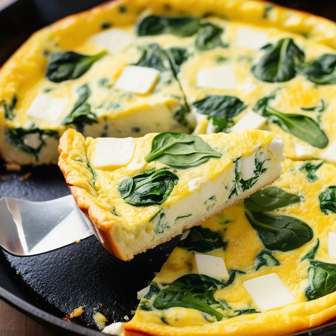 A golden Spinach and Feta Egg White Frittata in a cast-iron skillet, garnished with spinach and crumbled feta, served on a wooden table with a red and white checkered cloth, surrounded by fresh ingredients.