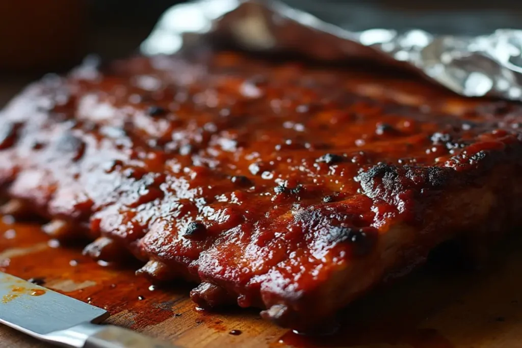 Finished rack of beef back ribs resting on a wooden cutting board, glazed with BBQ sauce and looking juicy and appetizing in warm kitchen lighting.