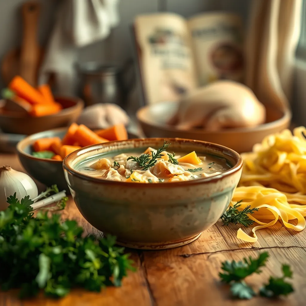 A cozy kitchen scene featuring a steaming bowl of chicken noodle soup, garnished with fresh herbs. The bowl is surrounded by chopped vegetables, raw chicken, and egg noodles, with warm lighting illuminating the rustic setting.