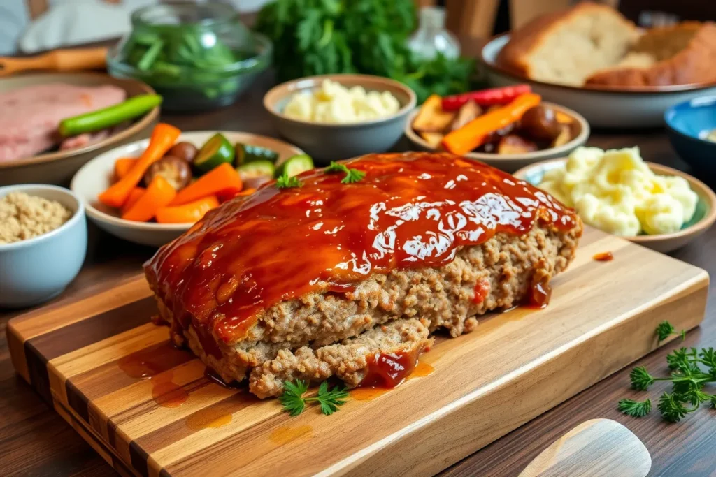 A beautifully glazed turkey meatloaf on a rustic wooden cutting board, garnished with fresh herbs and surrounded by colorful side dishes like roasted vegetables and mashed cauliflower.