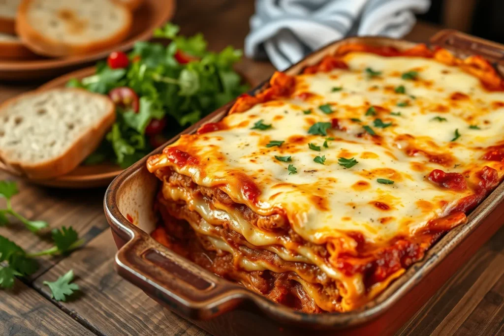 A delicious homemade lasagna with layers of rich meat sauce, creamy ricotta, and melted mozzarella cheese, served in a rustic baking dish, garnished with fresh parsley. A side of garlic bread and a green salad accompany the dish on a wooden table.