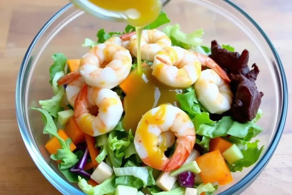 A close-up of the cooked shrimp being added to the colorful salad bowl, with dressing being drizzled over the top, creating a visually appealing and delicious dish.

