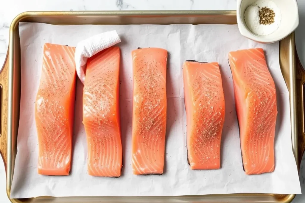 Close-up of salmon fillets skin-side down on a lined baking sheet, with a hand patting them dry using a paper towel. The fillets are seasoned generously with salt and pepper, showcasing the preparation for cooking.


