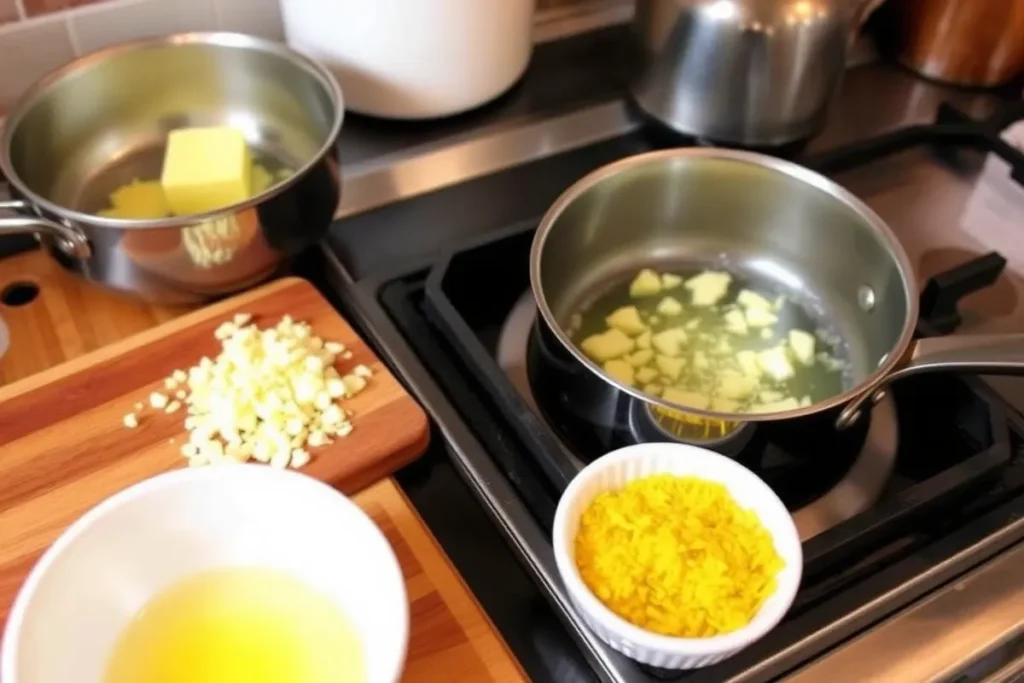 A cozy kitchen scene featuring a small saucepan on the stove with butter melting and bubbling. Minced garlic is on a cutting board beside the saucepan, with bowls of lemon juice and lemon zest in the foreground, ready to be added.


