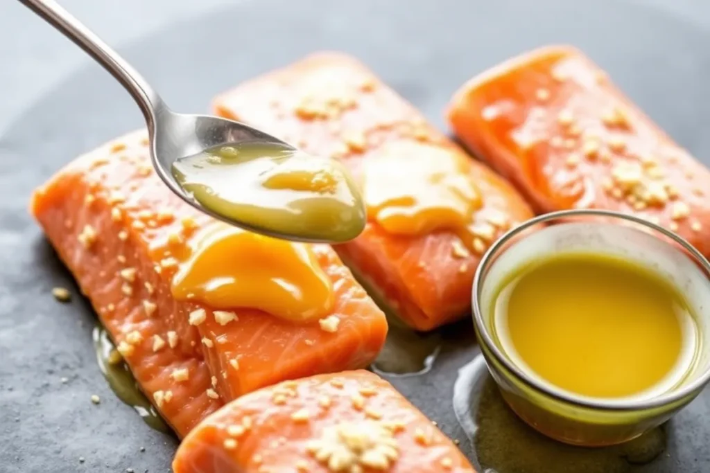 An image of a spoon coating salmon fillets with lemon garlic butter sauce. The fillets are on a baking sheet, with a small bowl of the remaining butter sauce nearby, indicating the process of generously applying the sauce.

