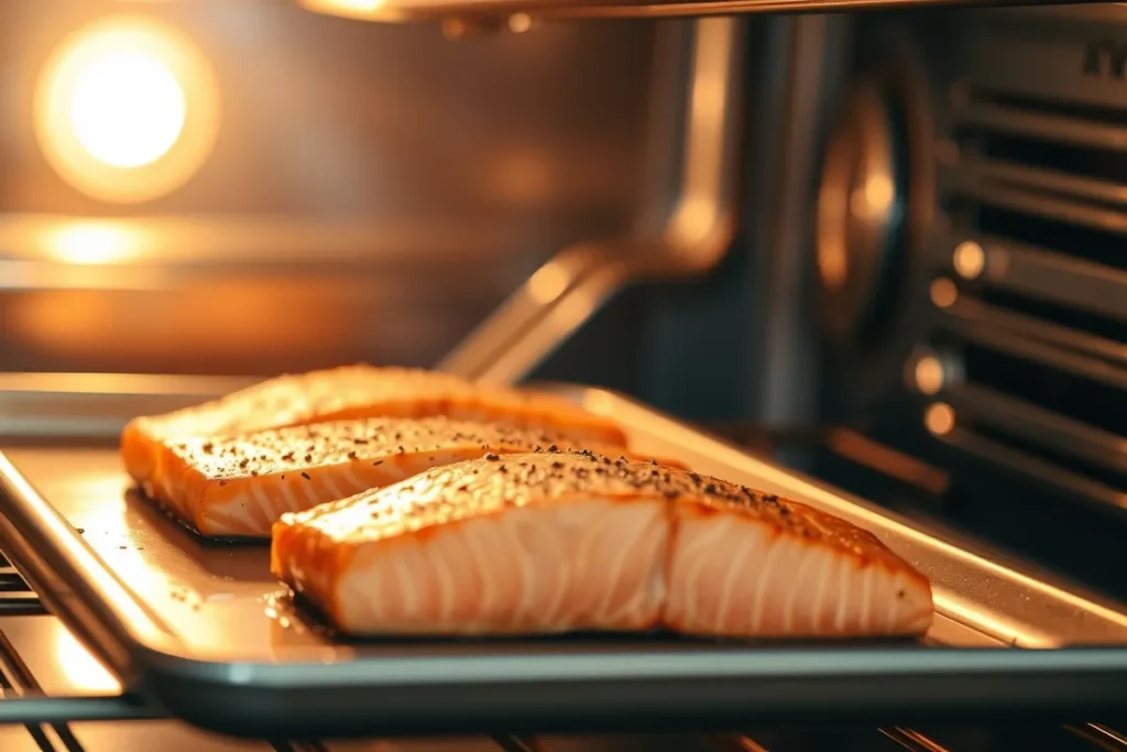 A close-up view of salmon fillets baking in the oven on a baking sheet, illuminated by the oven light. A timer is visible on the oven or kitchen wall, showing 12-15 minutes, with a fork resting nearby to symbolize checking for doneness.

