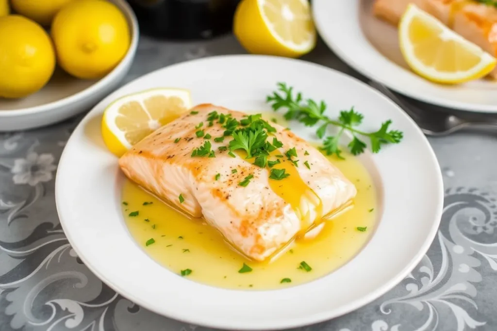 An image of perfectly baked salmon fillets on a serving plate, drizzled with remaining lemon garlic butter sauce. Freshly chopped parsley garnishes the dish, with lemon wedges on the side for an added citrusy kick.

