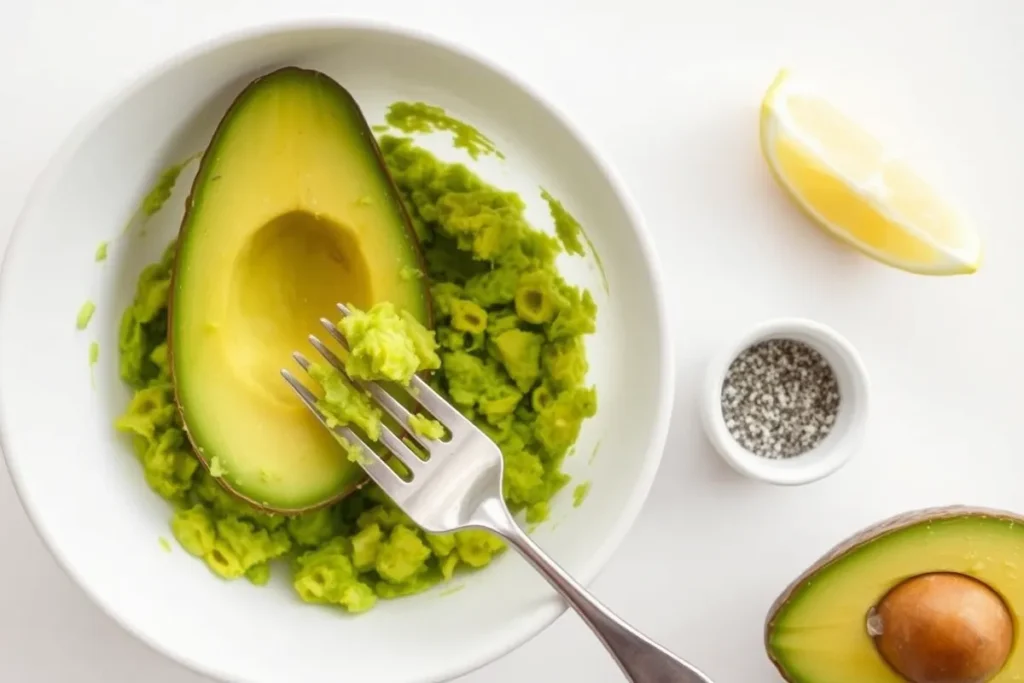 Ripe avocado being mashed with a fork in a bowl, seasoned with salt, pepper, and a squeeze of lemon juice, surrounded by fresh ingredients in a bright kitchen.