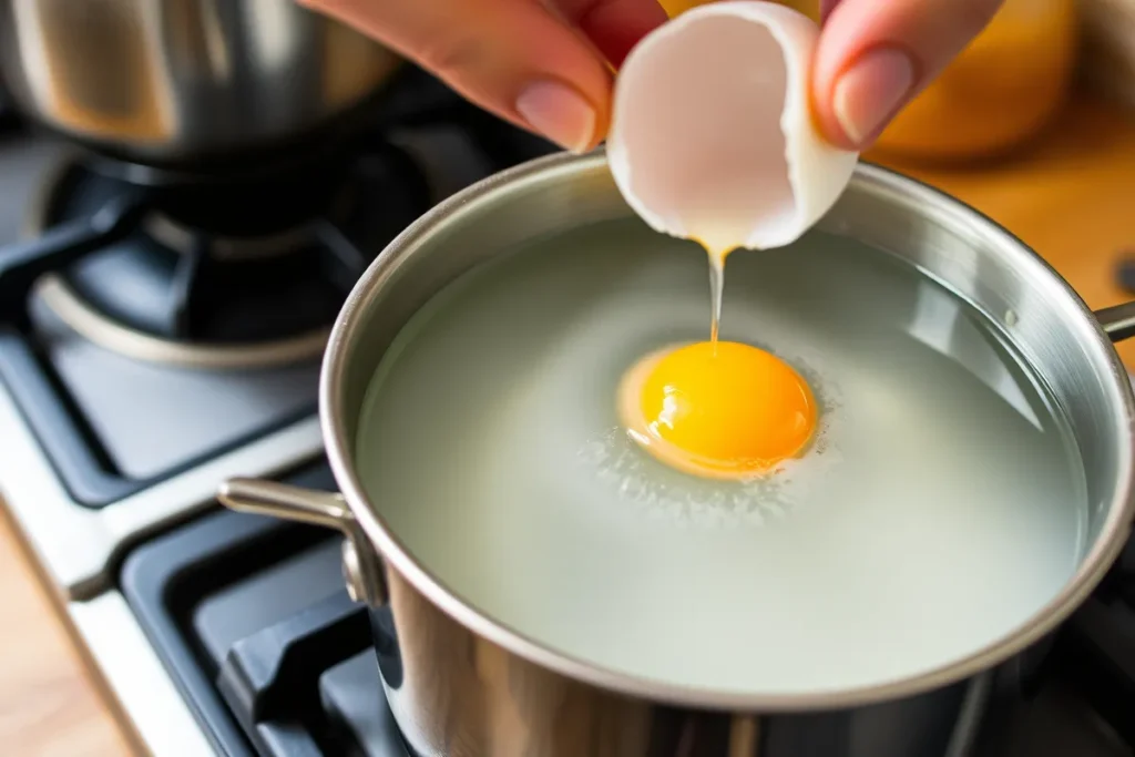 Fresh egg being carefully dropped into a pot of simmering water, with gentle swirls in the water helping the egg cook evenly.