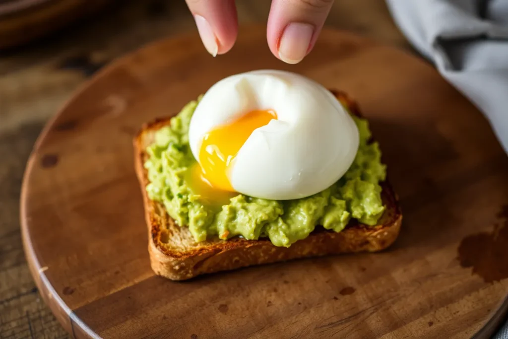 Crispy toast being spread with mashed avocado, topped with a perfectly poached egg, ready to break the yolk over the toast.