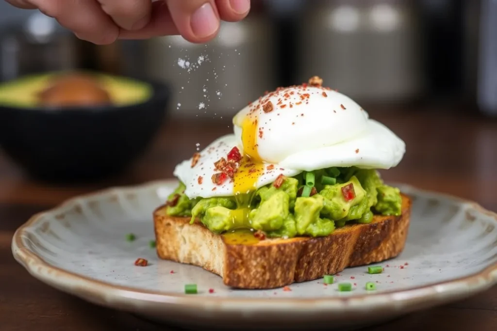 Avocado toast with poached egg being garnished with a pinch of salt, cracked pepper, and optional red pepper flakes, herbs, or a drizzle of olive oil.