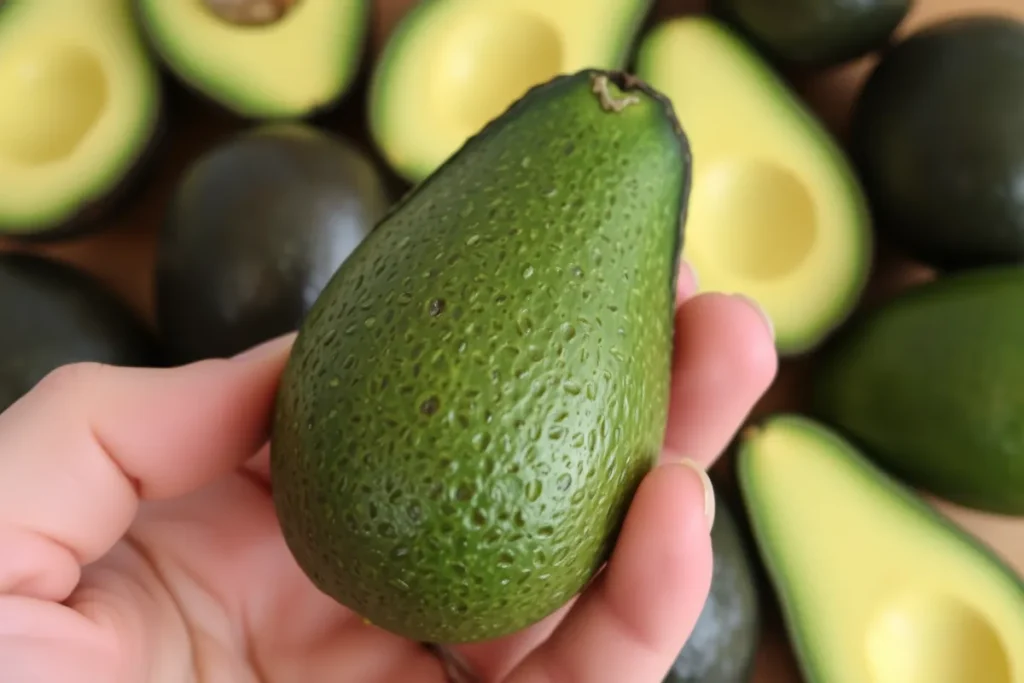 A hand gently squeezing a ripe avocado, showing its slight give, with other avocados in the background.