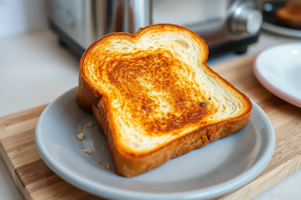 A close-up of a golden-brown slice of toast resting on a wooden cutting board, with a toaster in the background.