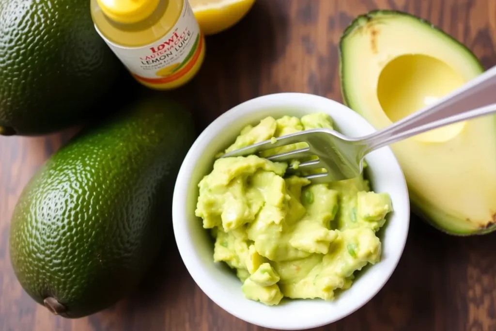 A small dish filled with freshly scooped avocado flesh being mashed with a fork, with a bottle of lemon juice nearby.