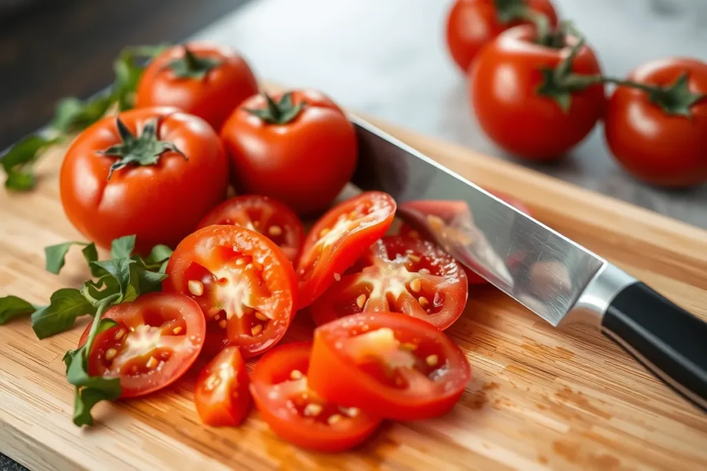 A cutting board with vibrant red tomatoes being sliced with a gleaming knife, showcasing the fresh ingredients.