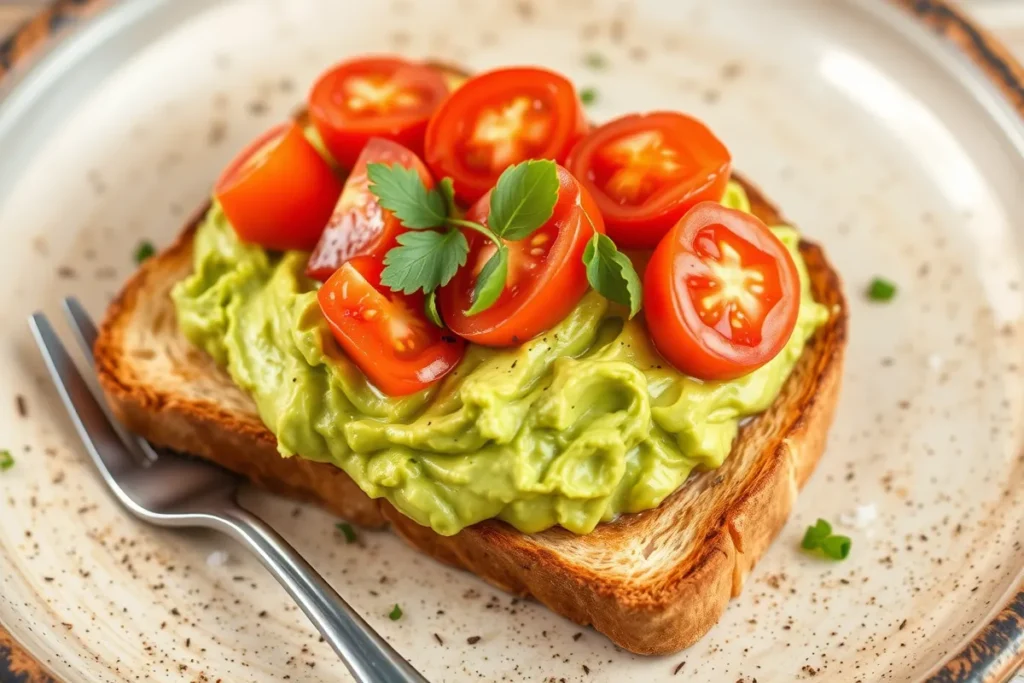 A beautifully assembled toast topped with creamy mashed avocado and evenly sliced tomatoes, placed on a rustic plate.