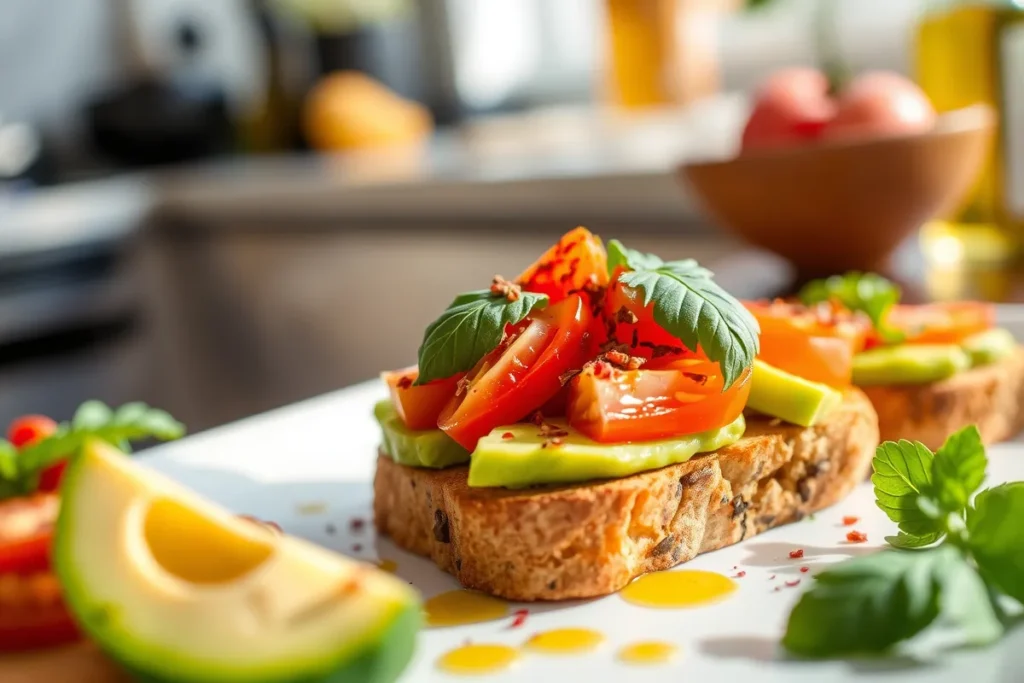 A finished avocado and tomato toast garnished with red pepper flakes and fresh herbs, drizzled with olive oil for added richness.