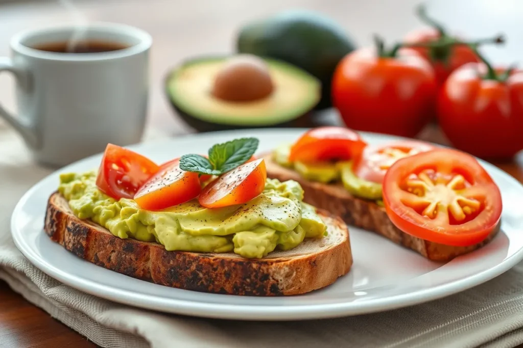 A delicious plate of smashed avocado and tomato toast, garnished with fresh herbs, served with a cup of coffee.