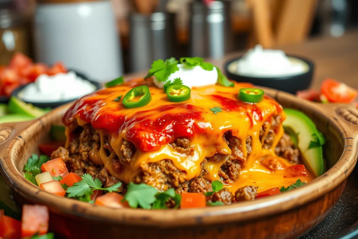 A delicious Beef Enchilada Casserole with layers of ground beef, melted cheese, and vibrant red enchilada sauce, garnished with fresh cilantro and jalapeños.