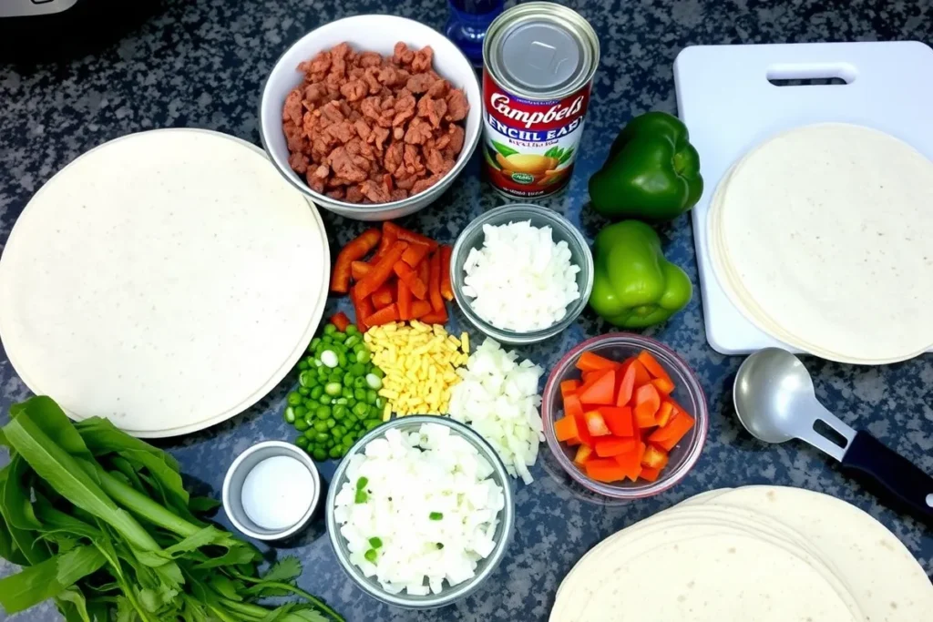 A kitchen counter filled with fresh ingredients for Beef Enchilada Casserole, including seasoned ground beef, enchilada sauce, shredded cheese, diced onions, bell peppers, and tortillas.