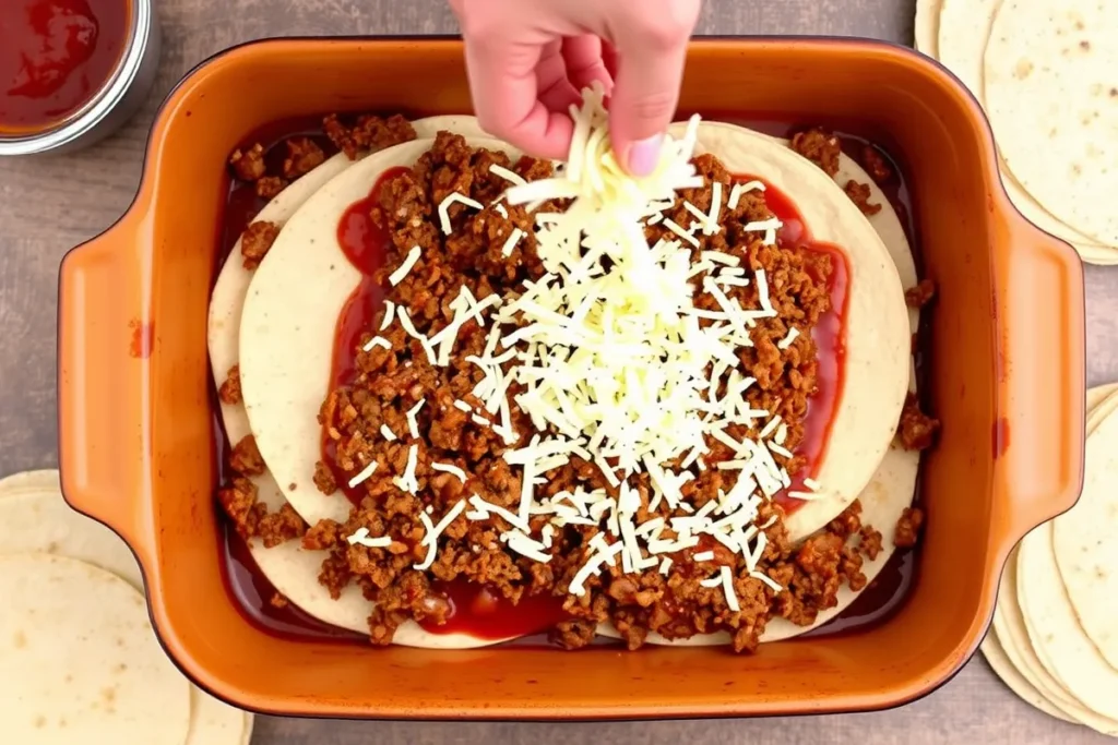 An overhead view of assembling a Beef Enchilada Casserole, with tortillas layered in a baking dish, topped with seasoned ground beef, enchilada sauce, and shredded cheese.