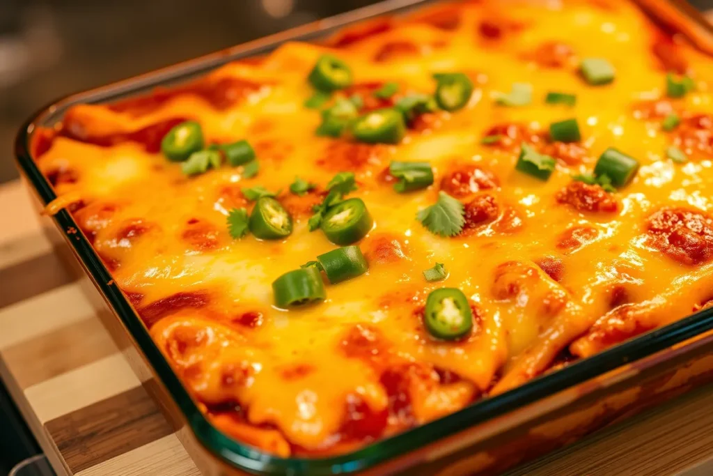 A golden-brown Beef Enchilada Casserole just out of the oven, bubbling with melted cheese, and garnished with fresh cilantro and jalapeños.