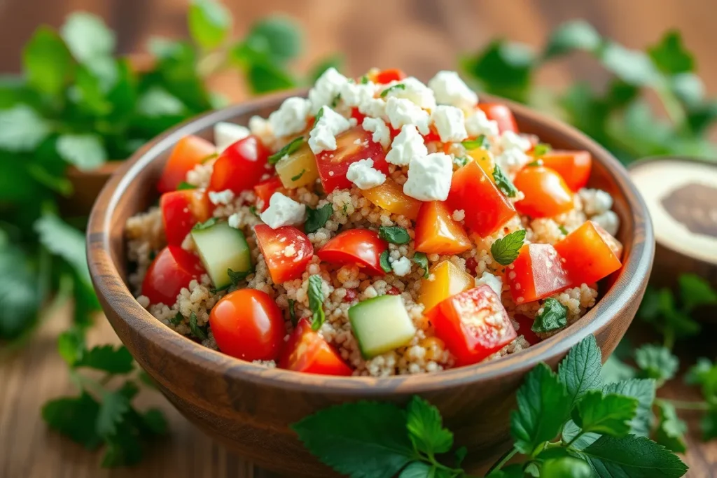 Colorful Salade de Quinoa in a rustic wooden bowl, featuring fluffy quinoa, cherry tomatoes, cucumbers, red bell peppers, fresh herbs, and crumbled feta cheese, drizzled with lemon vinaigrette.