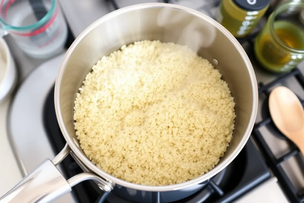 Medium saucepan filled with rinsed quinoa and water on the stove, with fluffy cooked quinoa and steam rising gently.