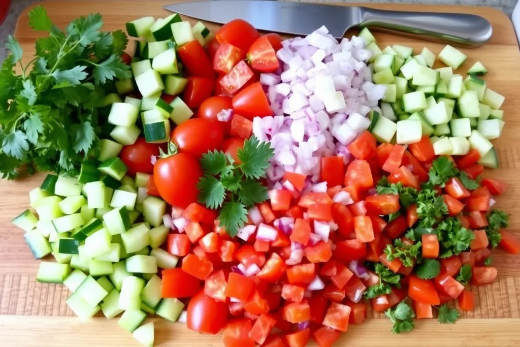 Colorful array of chopped vegetables for Salade de Quinoa, including diced cherry tomatoes, cucumbers, red bell peppers, and finely chopped red onion, arranged on a wooden cutting board with fresh parsley and mint.