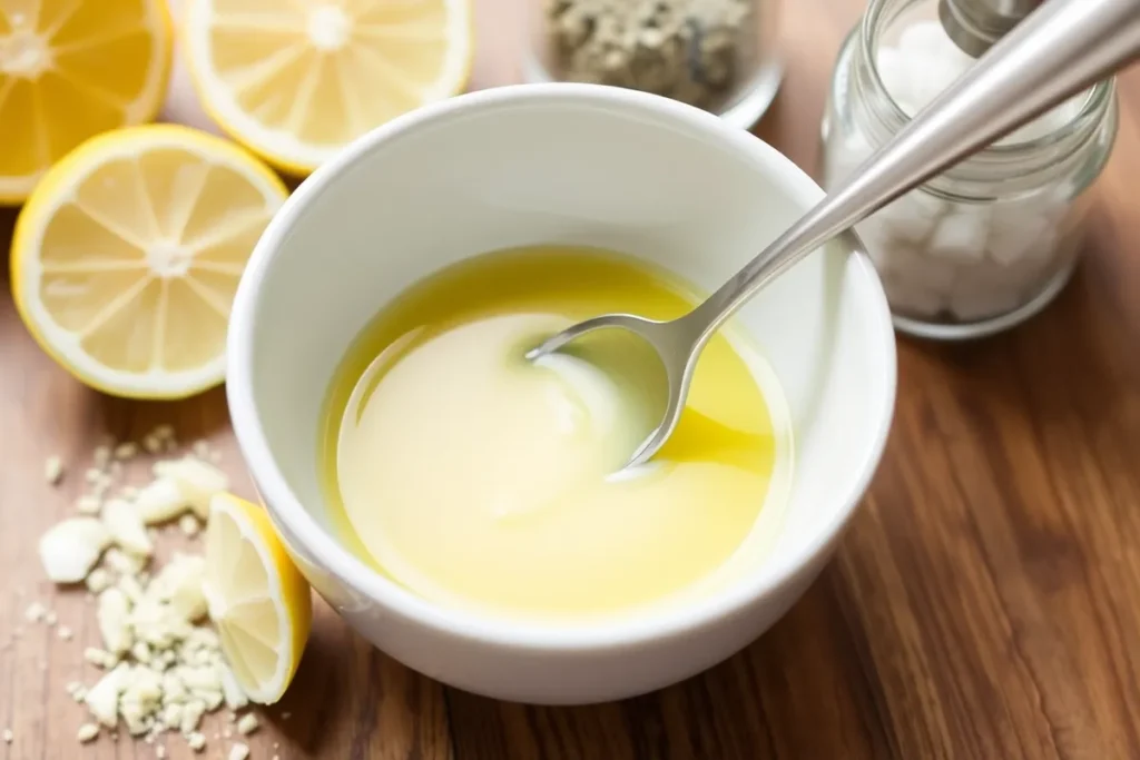 A small bowl filled with a light yellow dressing made from olive oil, lemon juice, and minced garlic, with a whisk beside it and salt and pepper shakers in the background.