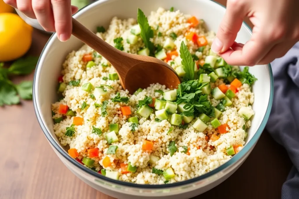 Large mixing bowl filled with fluffy quinoa, chopped vegetables, and herbs, with a hand gently tossing the ingredients together with a wooden spoon.