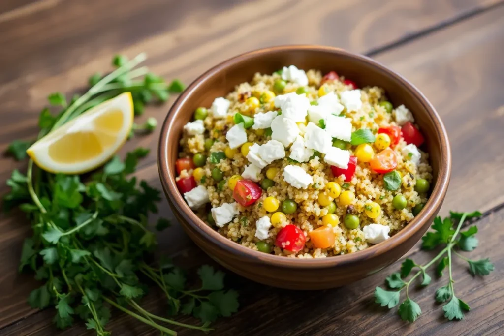 Final presentation of Salade de Quinoa in a rustic bowl, drizzled with dressing and topped with crumbled feta cheese, surrounded by fresh herbs and a lemon wedge on a wooden table.