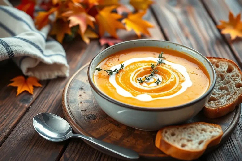 A bowl of creamy butternut squash soup garnished with fresh thyme, served with a slice of crusty bread on a rustic wooden table, surrounded by autumn leaves.