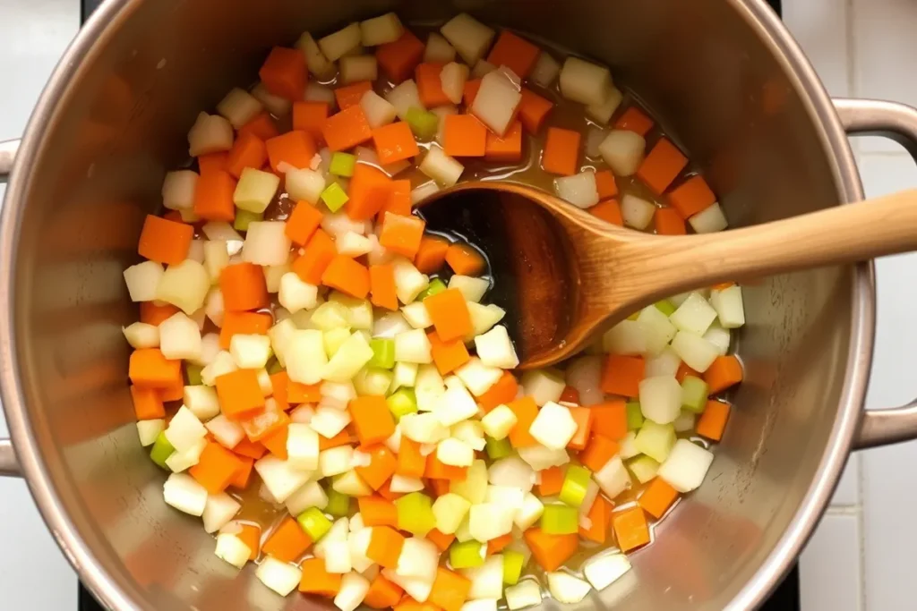 A large pot on a stove filled with sautéed diced onions, carrots, and celery in olive oil, with a wooden spoon stirring the ingredients.