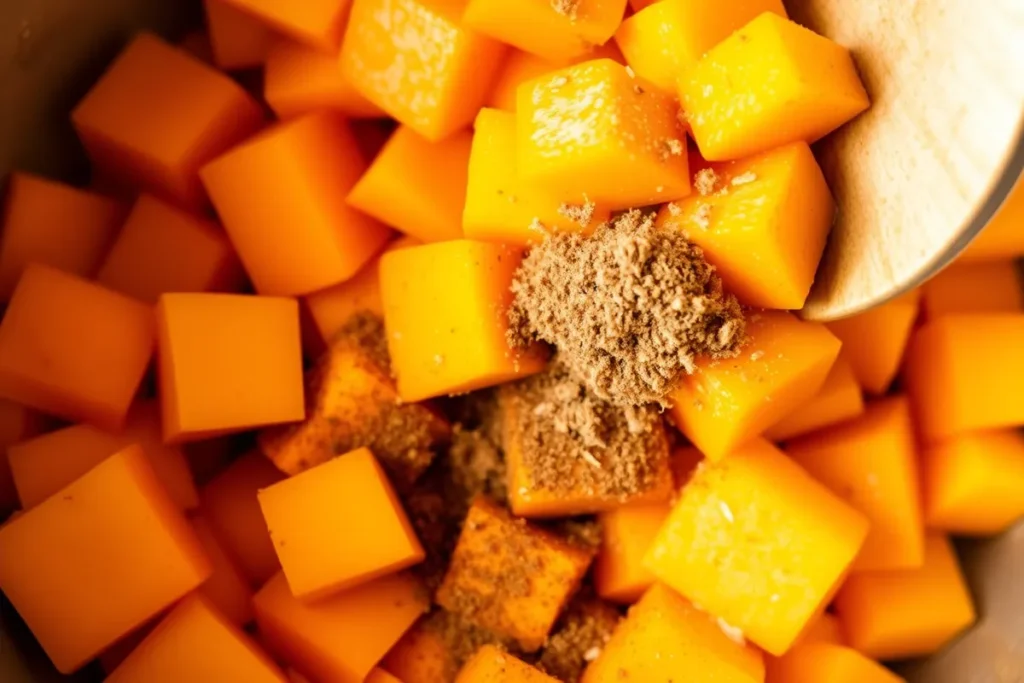 Diced butternut squash being added to a pot along with a sprinkle of cinnamon and nutmeg, creating a colorful and flavorful mix.