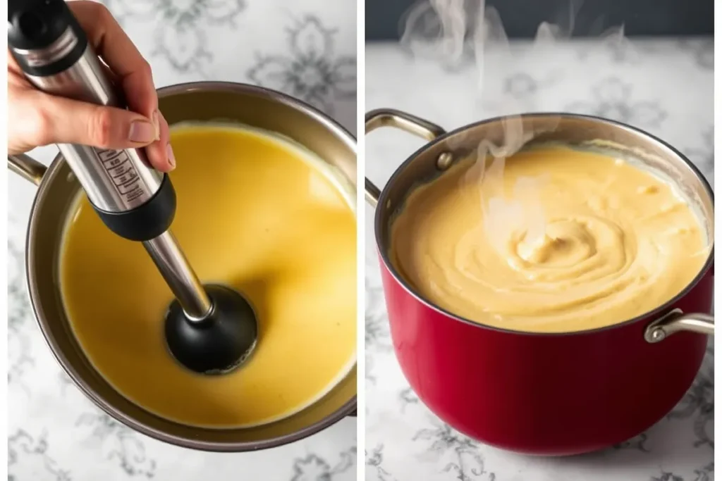 An immersion blender blending creamy butternut squash soup in a pot, with steam rising to indicate warmth and comfort.