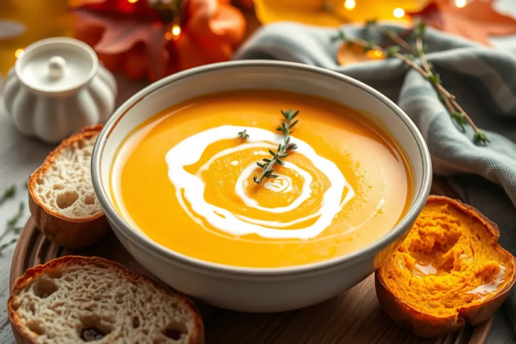 A bowl of creamy butternut squash soup garnished with fresh thyme and a drizzle of coconut milk, accompanied by a slice of crusty bread, set against a cozy autumn-themed background.