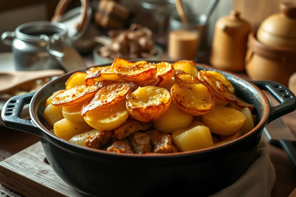 A traditional Lancashire Hotpot freshly baked in a rustic kitchen, with a golden crispy potato topping and layers of tender lamb and onions beneath, surrounded by a cozy, homely atmosphere.