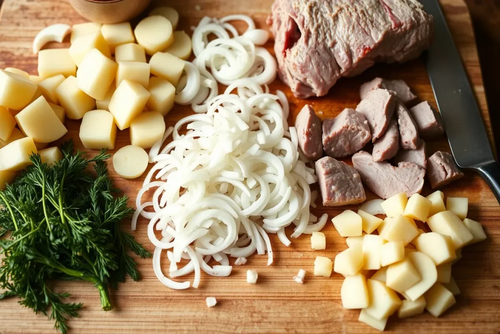 A rustic kitchen counter filled with freshly sliced ingredients for Lancashire Hotpot, including thinly sliced potatoes, chopped onions, and chunks of lamb, alongside a cutting board and knife.