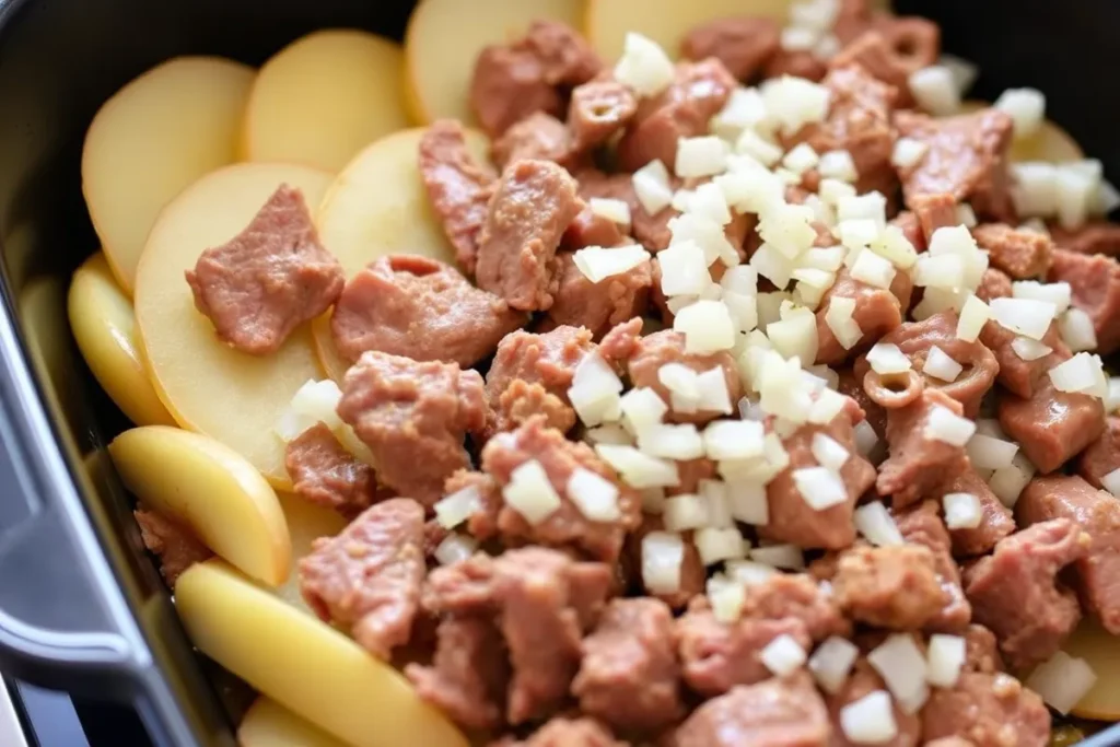 A close-up of a deep ovenproof dish being layered with ingredients for Lancashire Hotpot, featuring a first layer of potato slices, followed by tender lamb chunks and chopped onions.