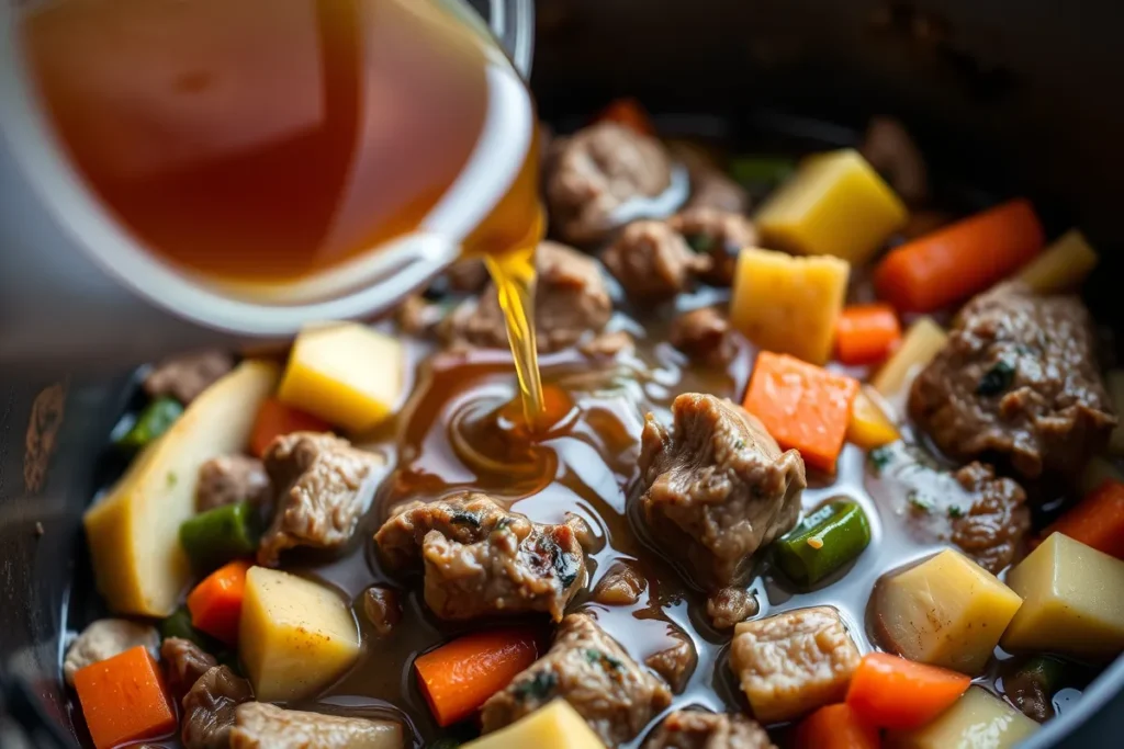 A close-up of layered ingredients in a deep ovenproof dish, with rich lamb stock being poured over them, highlighting the vibrant colors of the vegetables and meat.