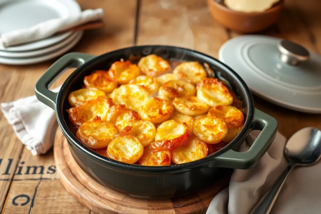 A freshly baked Lancashire Hotpot on a rustic wooden table, showcasing a golden-brown crispy potato topping with steam rising from the dish, creating a warm and inviting atmosphere.