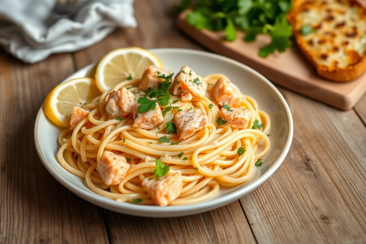 A plate of creamy salmon pasta garnished with parsley and lemon wedges, served with garlic bread and a glass of white wine on a rustic wooden table.