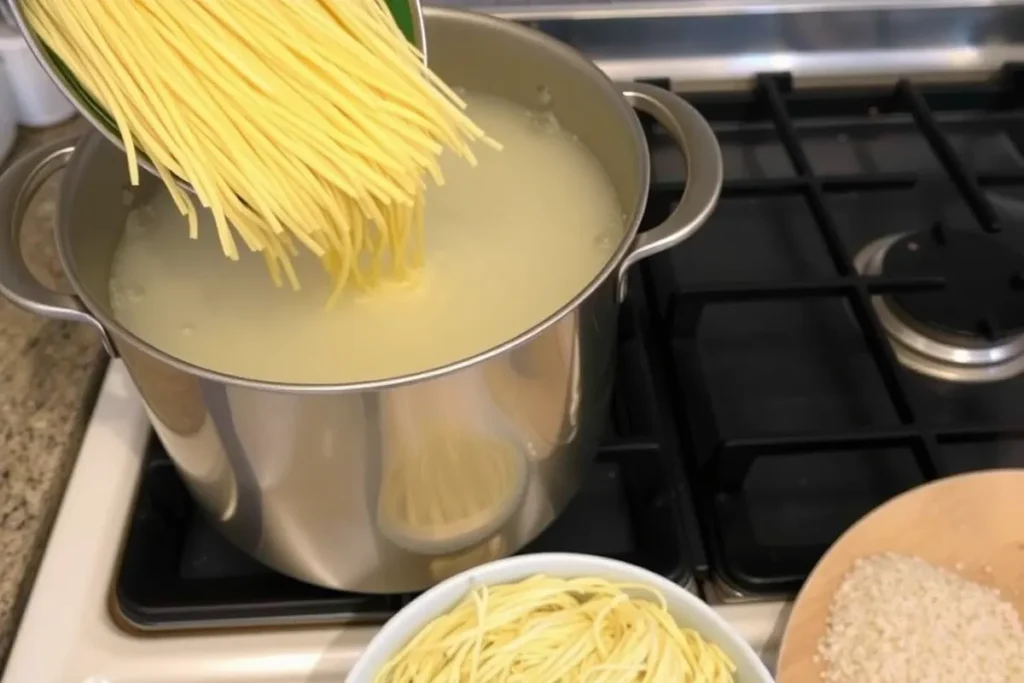 A large pot of boiling water on a stove, with dry pasta placed beside it, ready to be added.