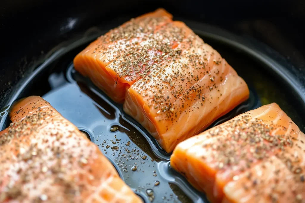 Seasoned salmon fillets being placed skin-side down in a hot skillet with shimmering olive oil.