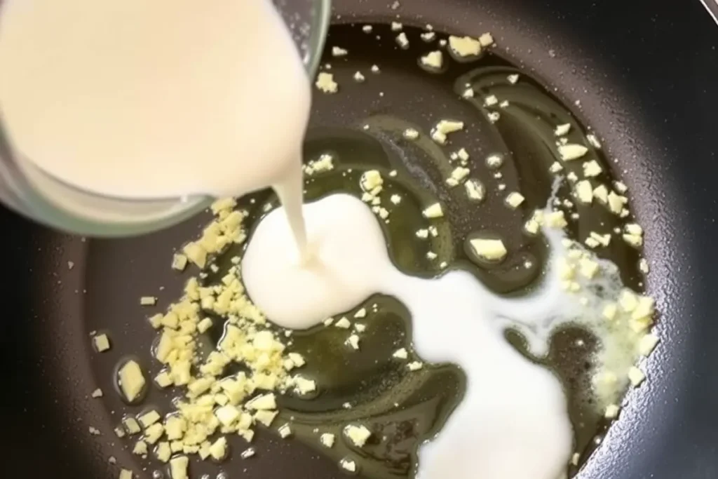 A skillet with melted butter and minced garlic sizzling, while heavy cream is being poured in, creating a rich sauce.