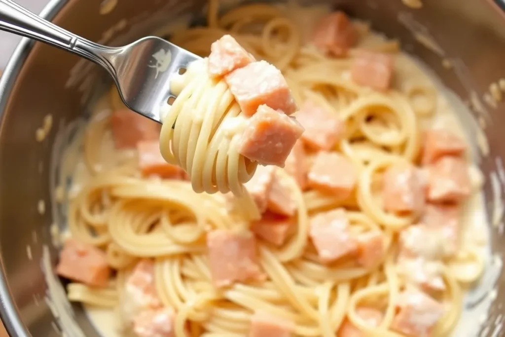 A large bowl of cooked pasta being tossed with creamy sauce and flaked salmon, with a fork lifting a serving to highlight the creamy texture.